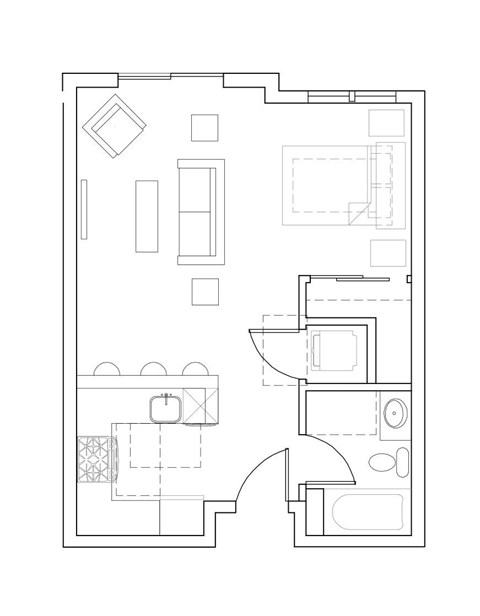 Floor plan for studio, 1 bath, 468 sqft